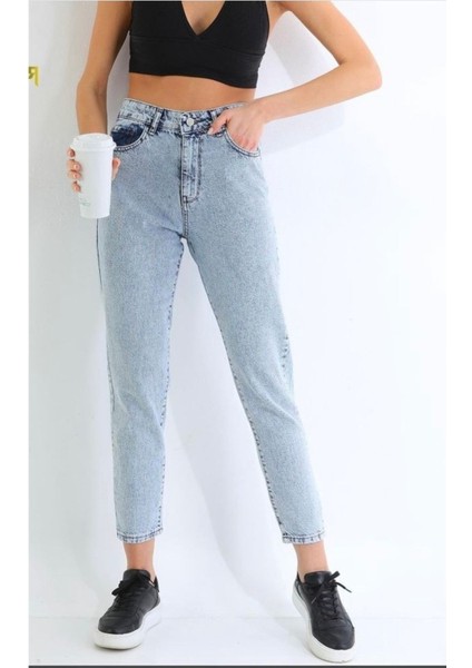 Zero Max Kadın Yüksek Bel Mavi Mom Jeans Likralı Kot Pantolon