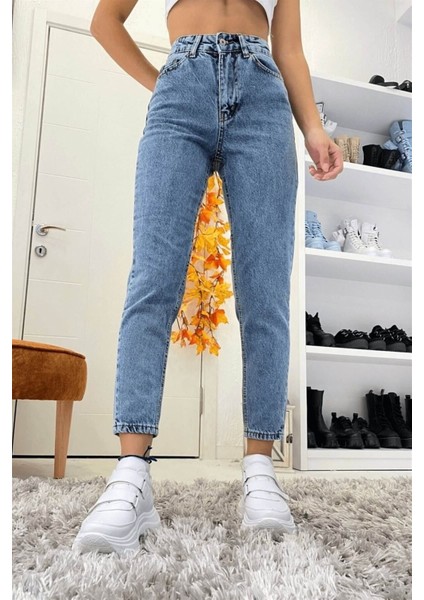 Zero Max Yüksek Bel Kadın Yüksek Bel Mavi Mom Likralı Esnek Kot Pantolon