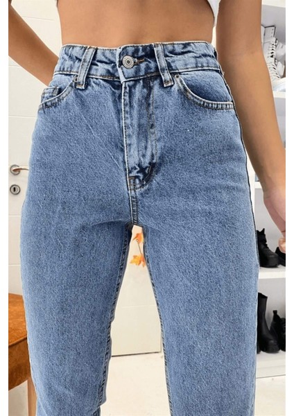Zero Max Yüksek Bel Kadın Yüksek Bel Mavi Mom Likralı Esnek Kot Pantolon