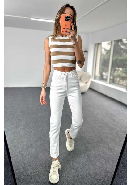 Jesica Beyaz Yüksek Bel Fermuarlı Mom Fit Jean Pantolon Iç Göstermeyen 2024 fiyatları