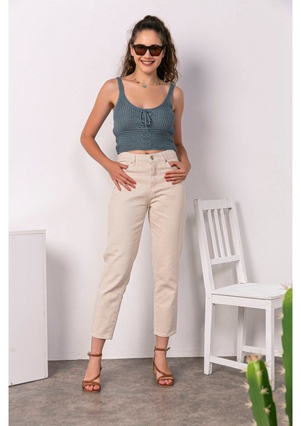 Dora Yüksek Bel Likralı Bej Mom Jeans Esnek Kot Pantolon 2024