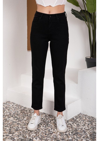 Leo Penelope Zero Jeans Kadın Siyah Yüksek Bel Comfort Likralı Denim Mom Kot Pantolon