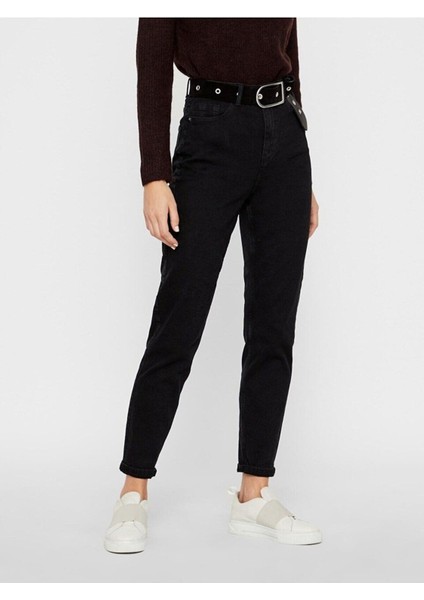 Mrn Trend Kadın Black Od Taşlanmış Siyah Renk Yüksek Bel Mom Kalıp Jean