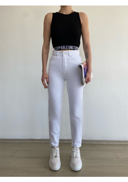 Dora Yüksek Bel Likralı Beyaz Mom Jeans Esnek Kot Pantolon 2024