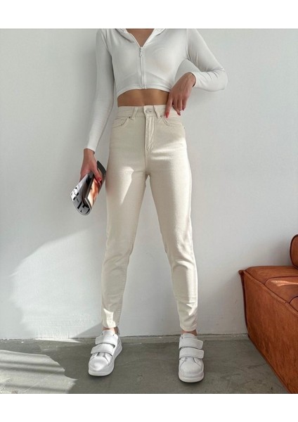 Kadın Bej Yüksek Bel Mom Likralı Jeans 2024