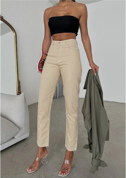 Yüksek Bel Bej Mom Kot Pantolon Likralı Solmaz Ekstra Rahat Mom Jeans 2024 fiyatları