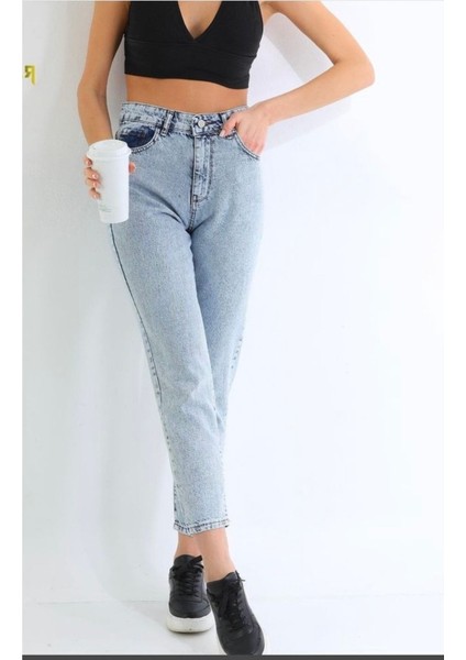 Zero Max Kadın Yüksek Bel Mavi Mom Jeans Likralı Kot Pantolon
