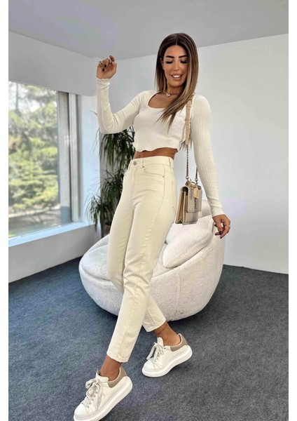 Yüksek Bel Krem Mom Jeans Likralı Esnek Kot Pantolon 2024 modelleri