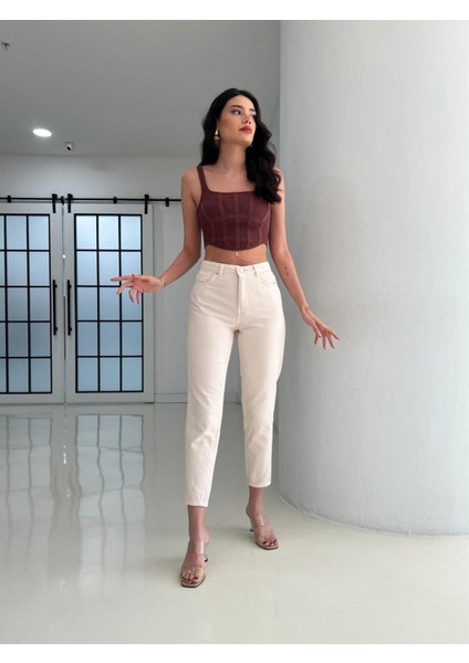 Harvey Kadın Bej Yüksek Bel Mom Likralı Jeans 2024