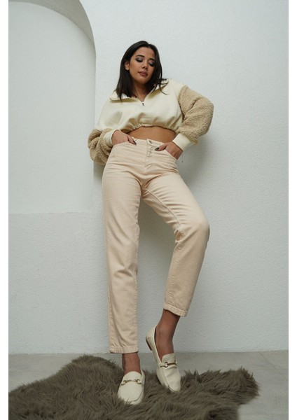 Vit Bej Mom Jeans Likralı Yüksek Bel Bej Mom Kot Pantolon 2024
