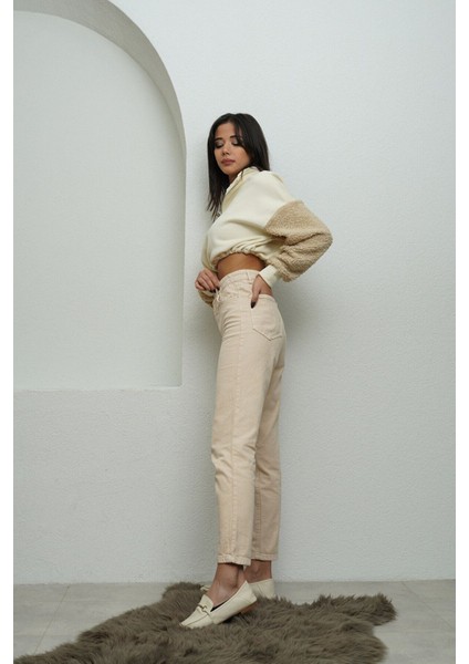 Vit Bej Mom Jeans Likralı Yüksek Bel Bej Mom Kot Pantolon 2024 fiyatları