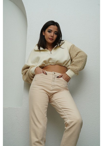 Vit Bej Mom Jeans Likralı Yüksek Bel Bej Mom Kot Pantolon 2024 fırsatları