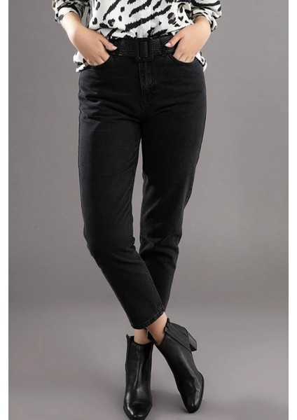 Leo Penelope Siyah Solmayan Yüksek Bel Hafif Likralı Mom Jeans