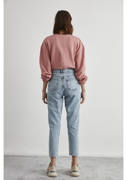 Heidi Kar Mavi Mom Jeans Likralı Yüksek Bel Mavi Kar Yıkamalı Mom Kot Pantolon Likralı Jean fırsatları