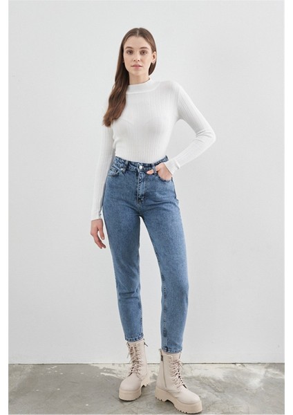 Leo Kadın Yüksek Bel Mavi Kar Yıkama Likralı Mom Jeans Pantolon modelleri