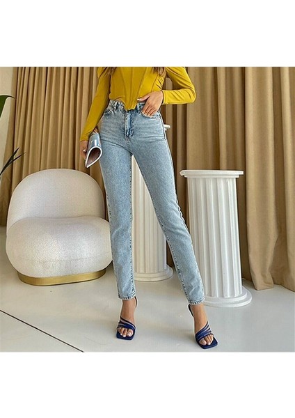 Mom Jeans Likralı Yüksek Bel Mavi Kar Yıkamalı Mom Kot Pantolon 2024