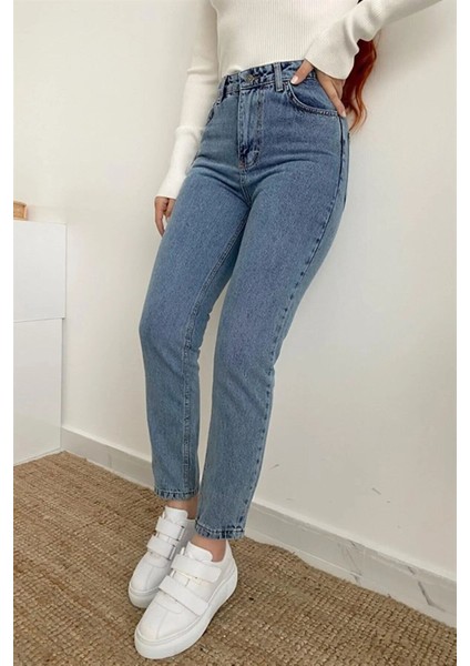 Max Kar Yıkama Mavi Kadın Yüksek Bel Mom Jean
