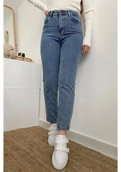 Max Kar Yıkama Mavi Kadın Yüksek Bel Mom Jean