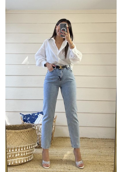 Vivien Mavi Mom Kot Pantolon Likralı Yüksek Bel Mavi Kar Yıkamalı Mom Jeans Kar Yıkama Boyfriend