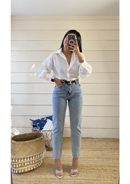 Vivien Mavi Mom Kot Pantolon Likralı Yüksek Bel Mavi Kar Yıkamalı Mom Jeans Kar Yıkama Boyfriend fırsatları