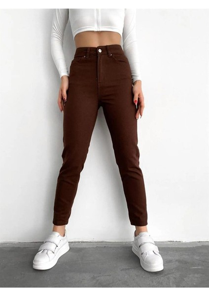 Kahverengi Mom Jean Yüksek Bel Detay Boyfriend Kot 2024