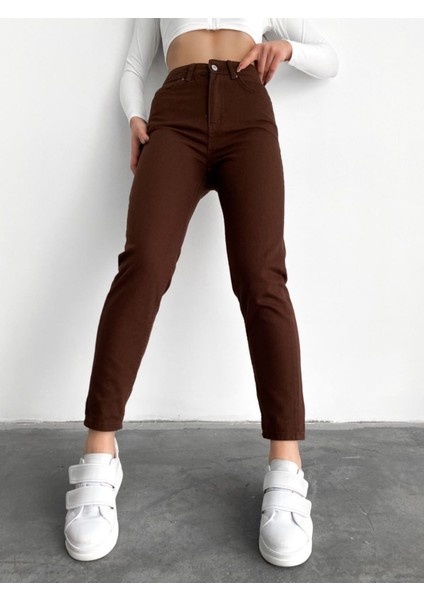 Kahverengi Mom Jeans Likralı Yüksek Bel Kahve Mom Kot Pantolon