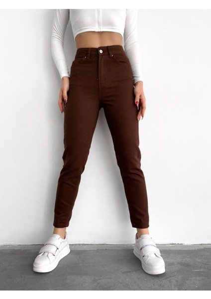 Kahverengi Mom Jeans Likralı Yüksek Bel Kahve Mom Kot Pantolon fiyatları