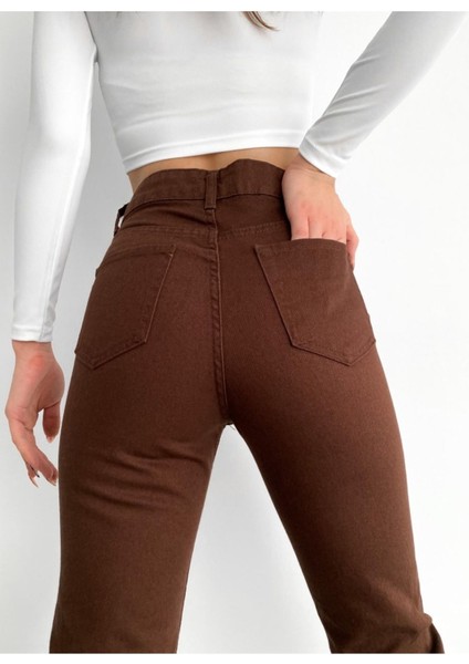 Kahverengi Mom Jeans Likralı Yüksek Bel Kahve Mom Kot Pantolon modelleri