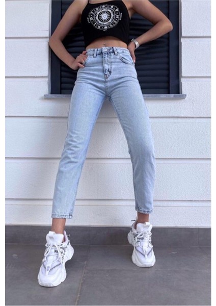 Yüksek Bel Kar Yıkama Buz Mavisi Mom Jean