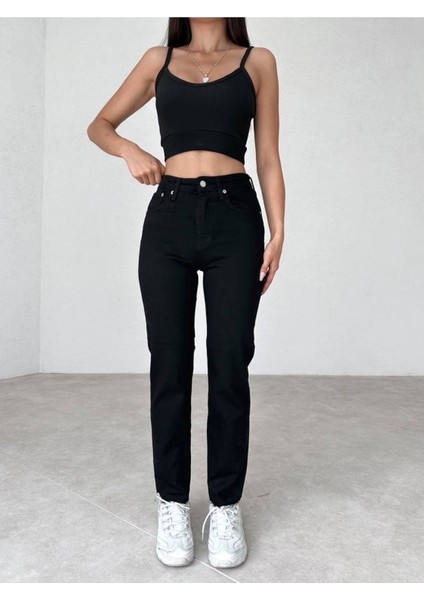 Leo Penelope Kadın Yüksek Bel Siyah Mom Jeans Likralı Esnek Kot Pantolon