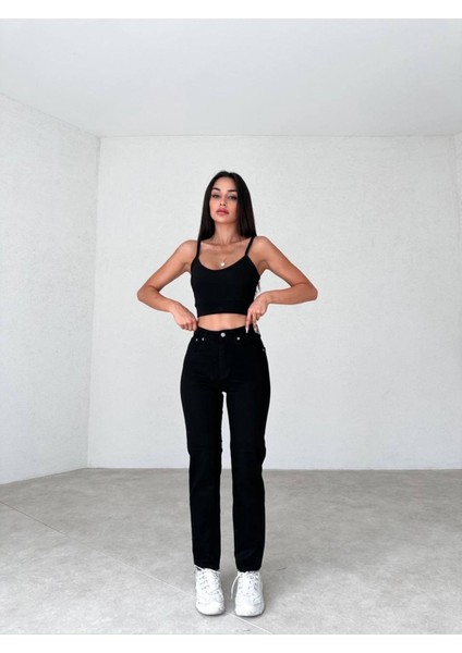 Leo Penelope Kadın Yüksek Bel Siyah Mom Jeans Likralı Esnek Kot Pantolon