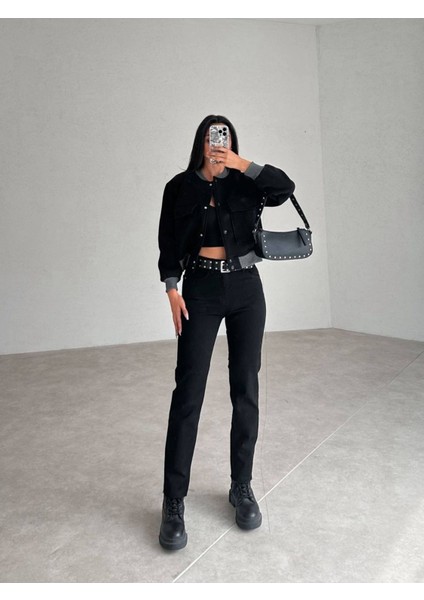 Leo Penelope Kadın Yüksek Bel Siyah Mom Jeans Likralı Esnek Kot Pantolon