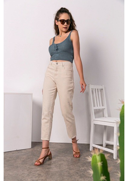 Dora Yüksek Bel Likralı Bej Mom Jeans Esnek Kot Pantolon 2024