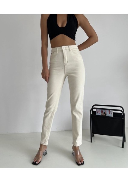 Jiona Yüksek Bel Krem Mom Jeans Krem Likralı Mom Jeans 2024
