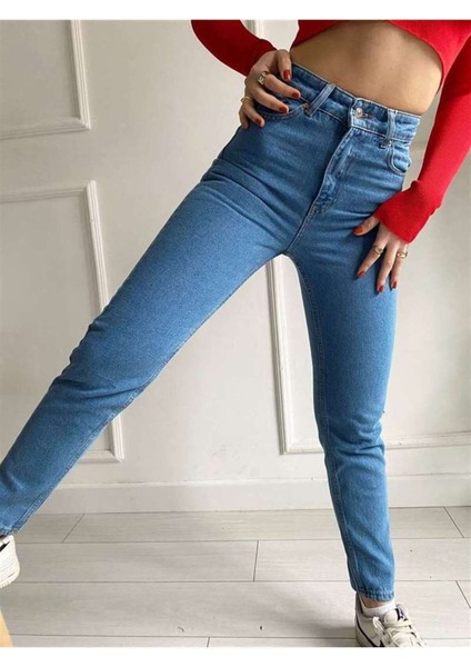 Orta Mavi Yüksek Bel Mom Jean Kot Pantolon 1 Beden Büyük Alınız fiyatları