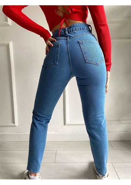Orta Mavi Yüksek Bel Mom Jean Kot Pantolon 1 Beden Büyük Alınız fırsatları