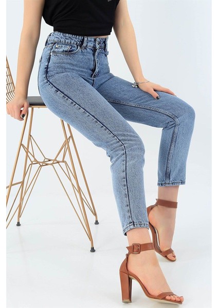 Roza Kar Mavi Mom Jean Yüksek Bel Detay Boyfriend Kot