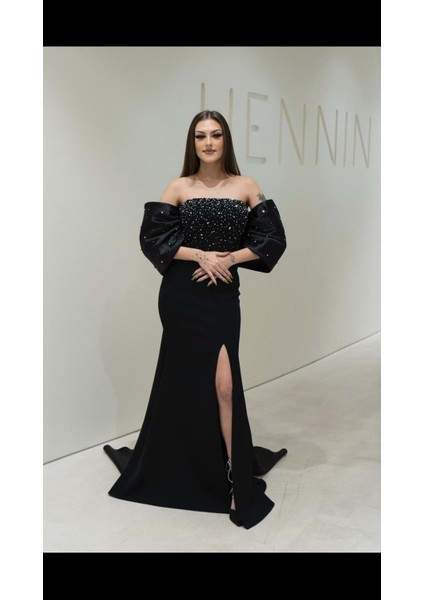 25Y8034 Hennin Abiye Straplez Göğüs Taş Detay Yırtmaçlı - Hennin - 25Y8034 - Siyah - 40