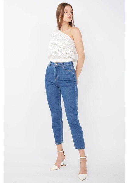 Kadın Mom Jean Pantolon Ful Likralı Esnek Mavi Jean