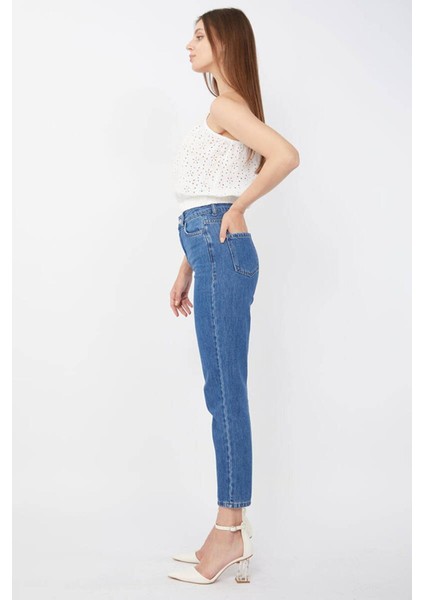 Kadın Mom Jean Pantolon Ful Likralı Esnek Mavi Jean fırsatları