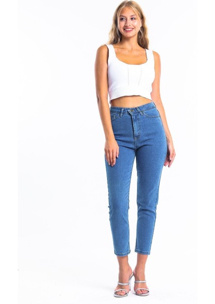 Düz Mavi Yüksek Bel Likralı Mom Jean