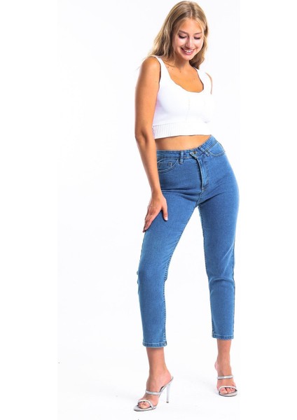 Düz Mavi Yüksek Bel Likralı Mom Jean fiyatları