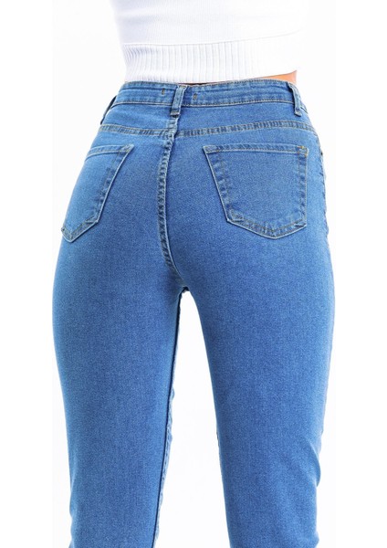 Düz Mavi Yüksek Bel Likralı Mom Jean modelleri