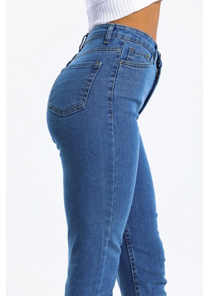 Düz Mavi Yüksek Bel Likralı Mom Jean fırsatları