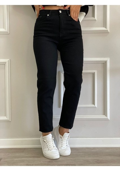 Zero Max Kadın Yüksek Bel Siyah Mom Jeans Likralı Esnek Kot Pantolon(Tam Siyah)