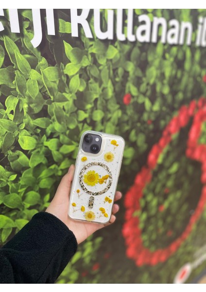 Apple Iphone 15 Uyumlu Magsafe Destekli Simli Çiçek Tasarımlı Telefon Kılıfı