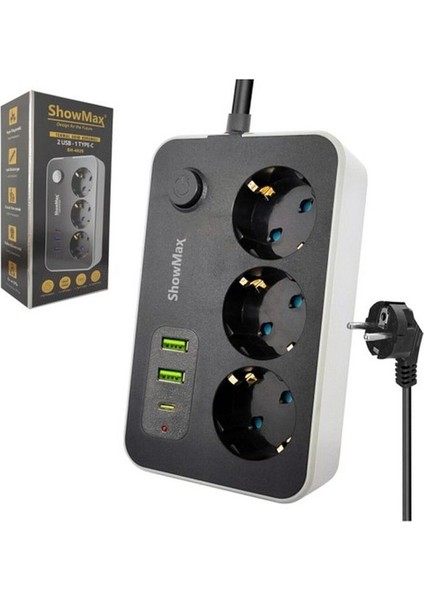 SH-4626 3lü Akım Korumalı Priz 2 Metre Anahtarlı 10A 2500 Watt 2xusb 1xtype-C