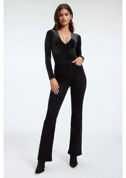 Leo Max Yüksek Bel Siyah Ispanyol Paça Jean Flare Kadın Kot Pantolon Likra modelleri