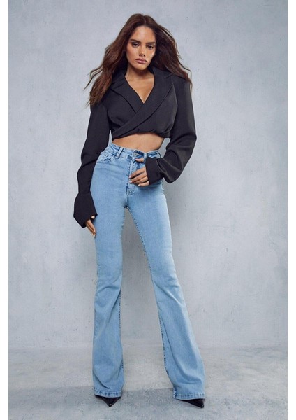 Benjamin Levon Flare Jeans Ispanyol Mavi Kot Yüksek Bel Buz Kar Yıkama Ispanyol Kot Pantolon
