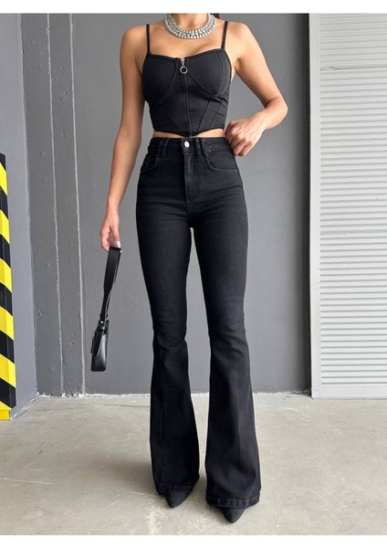 Leo Max Vega Julia 90's Solmayan Siyah Yüksek Bel Ispanyol Paça Comfort Likralı Jeans Pantolon fiyatları